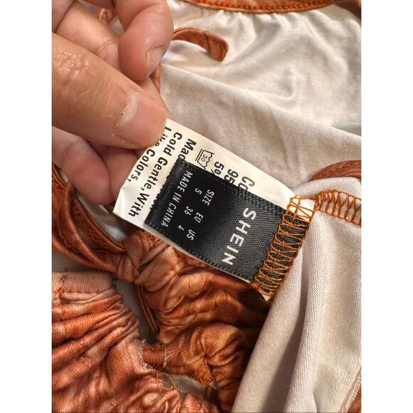 Rust Marble Print Long Sleeve Tie Front Crop Top | Ruched Front Stretchy Shirt – - Picture 5 of 7